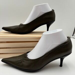 Lumiani Italy Women's Pointed Toe Kitten Heel Pumps – Size 38 – Olive Green Leat